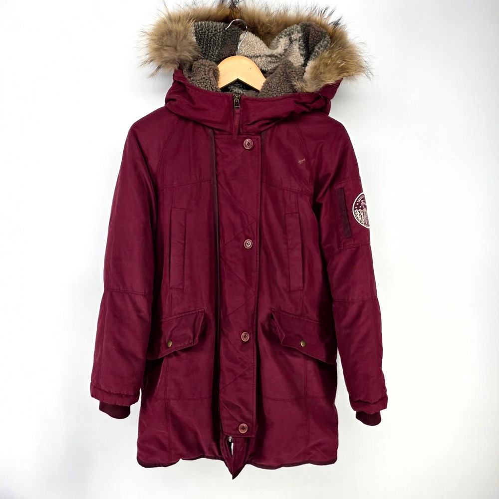 Thursday Island Parka Jacket Womens S Burgundy Hooded Faux Fur Sherpa Lined Coat